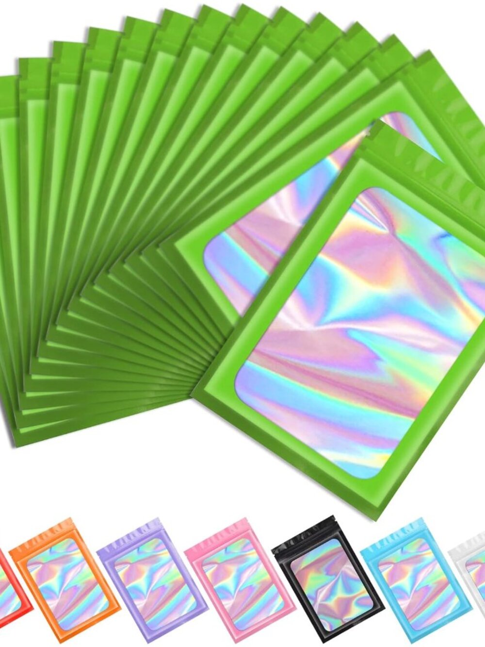 100 pcs Green Mylar Holographic Bags Packaging Bags,Clear Sealing Zipper Bag Res